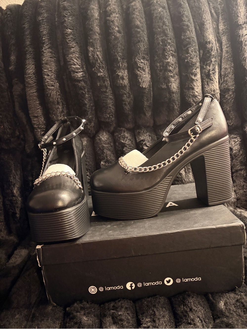 Black Platform Mary Jane Heels with Silver Chain Accent